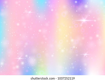 Fairy background with rainbow mesh.  Kawaii universe banner in princess colors. Fantasy gradient backdrop with hologram. Holographic fairy background with magic sparkles, stars and blurs.