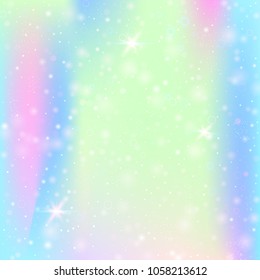 Fairy background with rainbow mesh. Kawaii universe banner in princess colors. Fantasy gradient backdrop with hologram. Holographic fairy background with magic sparkles, stars and blurs.