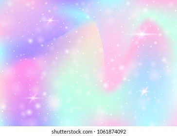 Fairy background with rainbow mesh.  Kawaii universe banner in princess colors. Fantasy gradient backdrop with hologram. Holographic fairy background with magic sparkles, stars and blurs.