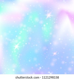 Fairy background with rainbow mesh. Kawaii universe banner in princess colors. Fantasy gradient backdrop with hologram. Holographic fairy background with magic sparkles, stars and blurs.