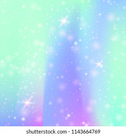 Fairy background with rainbow mesh. Kawaii universe banner in princess colors. Fantasy gradient backdrop with hologram. Holographic fairy background with magic sparkles, stars and blurs.