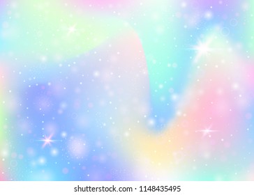 Fairy background with rainbow mesh.  Kawaii universe banner in princess colors. Fantasy gradient backdrop with hologram. Holographic fairy background with magic sparkles, stars and blurs.