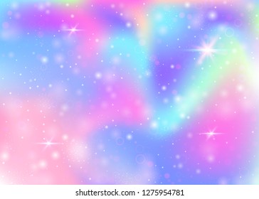 Fairy background with rainbow mesh.  Kawaii universe banner in princess colors. Fantasy gradient backdrop with hologram. Holographic fairy background with magic sparkles, stars and blurs.