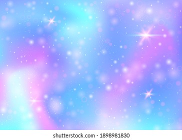 Fairy background with rainbow mesh. Kawaii universe banner in princess colors. Fantasy gradient backdrop with hologram. Holographic fairy background with magic sparkles, stars and blurs.