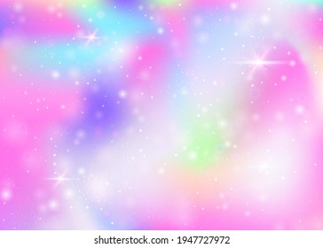 Fairy background with rainbow mesh.  Kawaii universe banner in princess colors. Fantasy gradient backdrop with hologram. Holographic fairy background with magic sparkles, stars and blurs.
