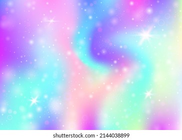Fairy background with rainbow mesh.  Kawaii universe banner in princess colors. Fantasy gradient backdrop with hologram. Holographic fairy background with magic sparkles, stars and blurs.