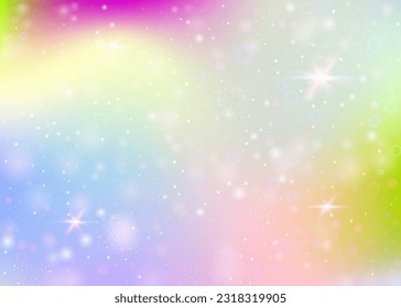 Fairy background with rainbow mesh.  Kawaii universe banner in princess colors. Fantasy gradient backdrop with hologram. Holographic fairy background with magic sparkles, stars and blurs.