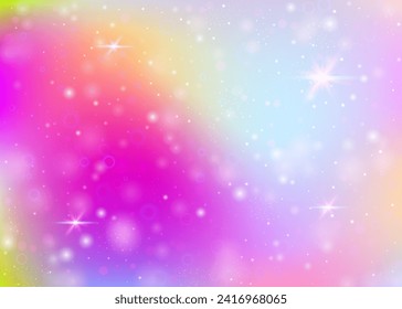 Fairy background with rainbow mesh.  Kawaii universe banner in princess colors. Fantasy gradient backdrop with hologram. Holographic fairy background with magic sparkles, stars and blurs.