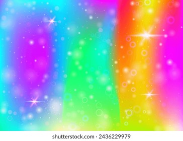 Fairy background with rainbow mesh.  Kawaii universe banner in princess colors. Fantasy gradient backdrop with hologram. Holographic fairy background with magic sparkles, stars and blurs.