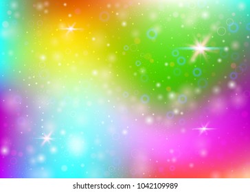 Märchenhafter Hintergrund mit Regenbogenmasche.  Flüssiges Universum-Banner in Prinzessinnenfarben. Fantasy-Farbverlauf-Hintergrund mit Hologramm. Holografischer Märchenhintergrund mit Zauberfunkeln, Sternen und Unschärfen.
