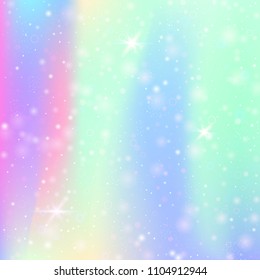 Fairy background with rainbow mesh. Liquid universe banner in princess colors. Fantasy gradient backdrop with hologram. Holographic fairy background with magic sparkles, stars and blurs.