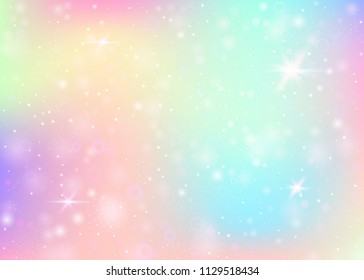 Fairy background with rainbow mesh.  Liquid universe banner in princess colors. Fantasy gradient backdrop with hologram. Holographic fairy background with magic sparkles, stars and blurs.