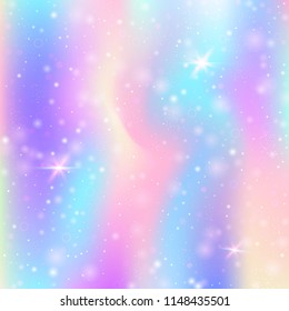 Fairy background with rainbow mesh. Liquid universe banner in princess colors. Fantasy gradient backdrop with hologram. Holographic fairy background with magic sparkles, stars and blurs.