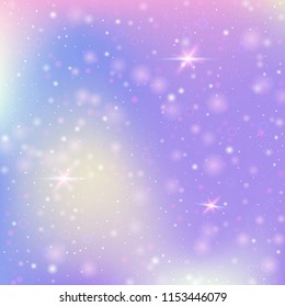 Fairy background with rainbow mesh. Liquid universe banner in princess colors. Fantasy gradient backdrop with hologram. Holographic fairy background with magic sparkles, stars and blurs.