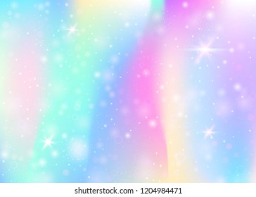 Fairy background with rainbow mesh.  Liquid universe banner in princess colors. Fantasy gradient backdrop with hologram. Holographic fairy background with magic sparkles, stars and blurs.