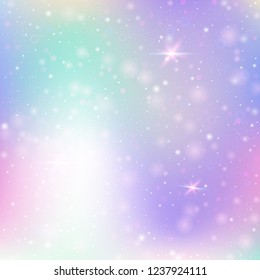 Fairy background with rainbow mesh. Liquid universe banner in princess colors. Fantasy gradient backdrop with hologram. Holographic fairy background with magic sparkles, stars and blurs.