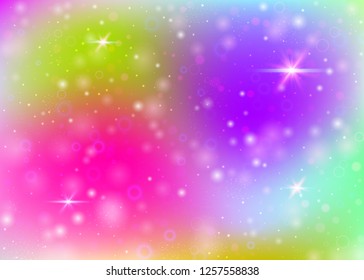 Fairy background with rainbow mesh.  Liquid universe banner in princess colors. Fantasy gradient backdrop with hologram. Holographic fairy background with magic sparkles, stars and blurs.