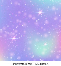 Fairy background with rainbow mesh. Liquid universe banner in princess colors. Fantasy gradient backdrop with hologram. Holographic fairy background with magic sparkles, stars and blurs.