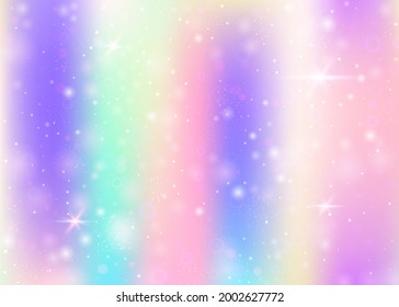 Fondo de hadas con malla arco iris.  Banner del universo líquido en colores princesas. Fondo gradiente de fantasía con holograma. Fondo de hadas holográficas con mágicos destellos, estrellas y borrosas.