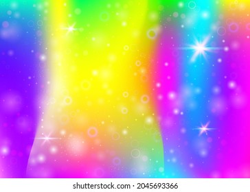 Fairy background with rainbow mesh.  Liquid universe banner in princess colors. Fantasy gradient backdrop with hologram. Holographic fairy background with magic sparkles, stars and blurs.