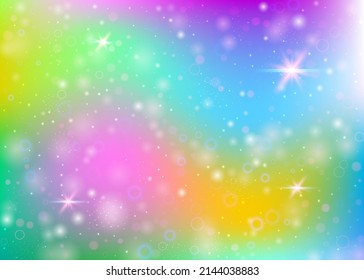 Fairy background with rainbow mesh.  Liquid universe banner in princess colors. Fantasy gradient backdrop with hologram. Holographic fairy background with magic sparkles, stars and blurs.