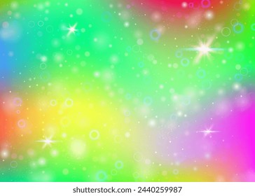 Fondo de hadas con malla de arco iris.  Banner de universo líquido en colores princesa. Fondo de gradiente de fantasía con holograma. Fondo de hadas holográfico con destellos mágicos, estrellas y desenfoques.