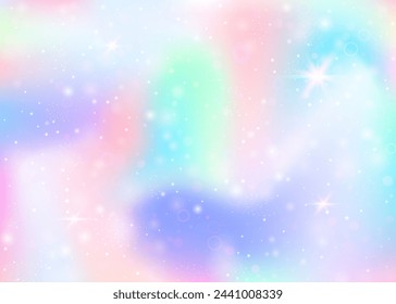 Fairy background with rainbow mesh.  Liquid universe banner in princess colors. Fantasy gradient backdrop with hologram. Holographic fairy background with magic sparkles, stars and blurs.