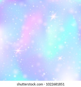 Fairy background with rainbow mesh. Multicolor universe banner in princess colors. Fantasy gradient backdrop with hologram. Holographic fairy background with magic sparkles, stars and blurs.
