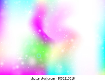 Fairy background with rainbow mesh.  Multicolor universe banner in princess colors. Fantasy gradient backdrop with hologram. Holographic fairy background with magic sparkles, stars and blurs.