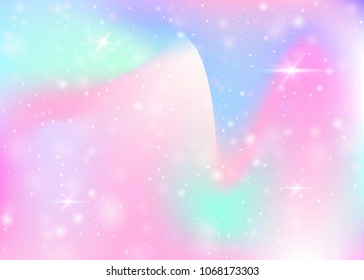 Fairy background with rainbow mesh.  Multicolor universe banner in princess colors. Fantasy gradient backdrop with hologram. Holographic fairy background with magic sparkles, stars and blurs.