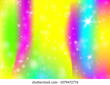 Fairy background with rainbow mesh.  Multicolor universe banner in princess colors. Fantasy gradient backdrop with hologram. Holographic fairy background with magic sparkles, stars and blurs.