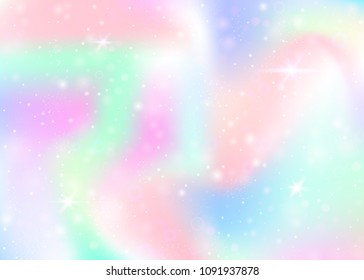 Fairy background with rainbow mesh.  Multicolor universe banner in princess colors. Fantasy gradient backdrop with hologram. Holographic fairy background with magic sparkles, stars and blurs.