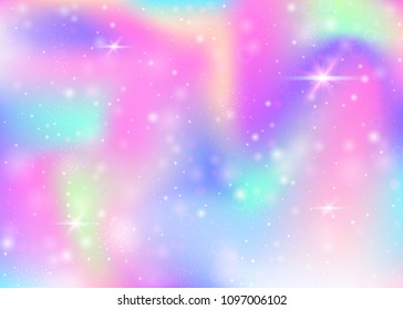 Fairy background with rainbow mesh.  Multicolor universe banner in princess colors. Fantasy gradient backdrop with hologram. Holographic fairy background with magic sparkles, stars and blurs.