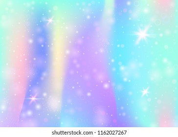 Fairy background with rainbow mesh.  Multicolor universe banner in princess colors. Fantasy gradient backdrop with hologram. Holographic fairy background with magic sparkles, stars and blurs.