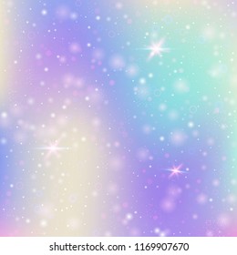 Fairy background with rainbow mesh. Multicolor universe banner in princess colors. Fantasy gradient backdrop with hologram. Holographic fairy background with magic sparkles, stars and blurs.