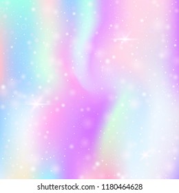 Fairy background with rainbow mesh. Multicolor universe banner in princess colors. Fantasy gradient backdrop with hologram. Holographic fairy background with magic sparkles, stars and blurs.
