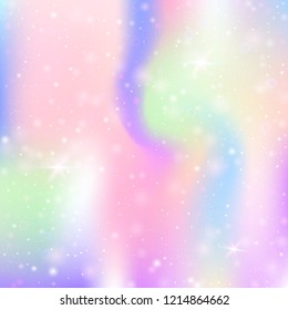 Fairy background with rainbow mesh. Multicolor universe banner in princess colors. Fantasy gradient backdrop with hologram. Holographic fairy background with magic sparkles, stars and blurs.