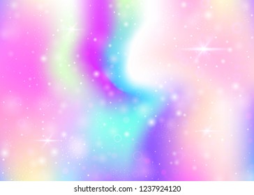 Fairy background with rainbow mesh.  Multicolor universe banner in princess colors. Fantasy gradient backdrop with hologram. Holographic fairy background with magic sparkles, stars and blurs.