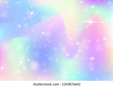 Fairy background with rainbow mesh.  Multicolor universe banner in princess colors. Fantasy gradient backdrop with hologram. Holographic fairy background with magic sparkles, stars and blurs.