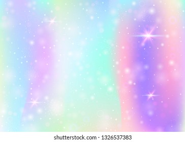 Fairy background with rainbow mesh.  Multicolor universe banner in princess colors. Fantasy gradient backdrop with hologram. Holographic fairy background with magic sparkles, stars and blurs.