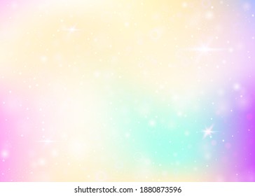 Fairy background with rainbow mesh. Multicolor universe banner in princess colors. Fantasy gradient backdrop with hologram. Holographic fairy background with magic sparkles, stars and blurs.