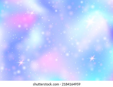 Fairy background with rainbow mesh.  Multicolor universe banner in princess colors. Fantasy gradient backdrop with hologram. Holographic fairy background with magic sparkles, stars and blurs.