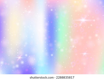 Fairy background with rainbow mesh.  Multicolor universe banner in princess colors. Fantasy gradient backdrop with hologram. Holographic fairy background with magic sparkles, stars and blurs.