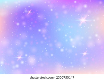 Fondo de hadas con malla arco iris.  Banner de universo multicolor en colores princesas. Fondo gradiente de fantasía con holograma. Fondo de hadas holográficas con mágicos destellos, estrellas y borrosas.