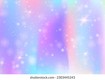 Fairy background with rainbow mesh.  Multicolor universe banner in princess colors. Fantasy gradient backdrop with hologram. Holographic fairy background with magic sparkles, stars and blurs.