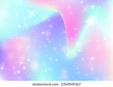 Fondo de hadas con malla arco iris.  Banner de universo multicolor en colores princesas. Fondo gradiente de fantasía con holograma. Fondo de hadas holográficas con mágicos destellos, estrellas y borrosas.