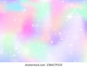 Fairy background with rainbow mesh.  Multicolor universe banner in princess colors. Fantasy gradient backdrop with hologram. Holographic fairy background with magic sparkles, stars and blurs.