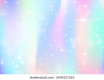 Fairy background with rainbow mesh.  Multicolor universe banner in princess colors. Fantasy gradient backdrop with hologram. Holographic fairy background with magic sparkles, stars and blurs.