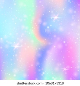 Fairy background with rainbow mesh. Mystical universe banner in princess colors. Fantasy gradient backdrop with hologram. Holographic fairy background with magic sparkles, stars and blurs.