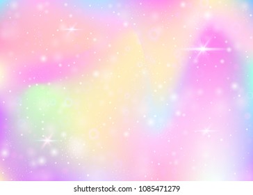 Fairy background with rainbow mesh.  Mystical universe banner in princess colors. Fantasy gradient backdrop with hologram. Holographic fairy background with magic sparkles, stars and blurs.